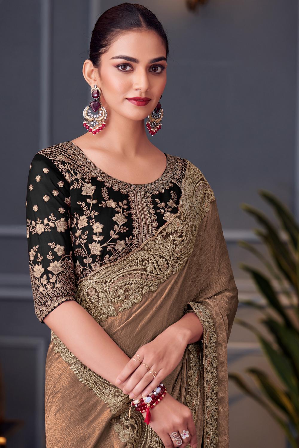 Daria Metallic Rust Chiffon Embellished Ready to Wear Saree