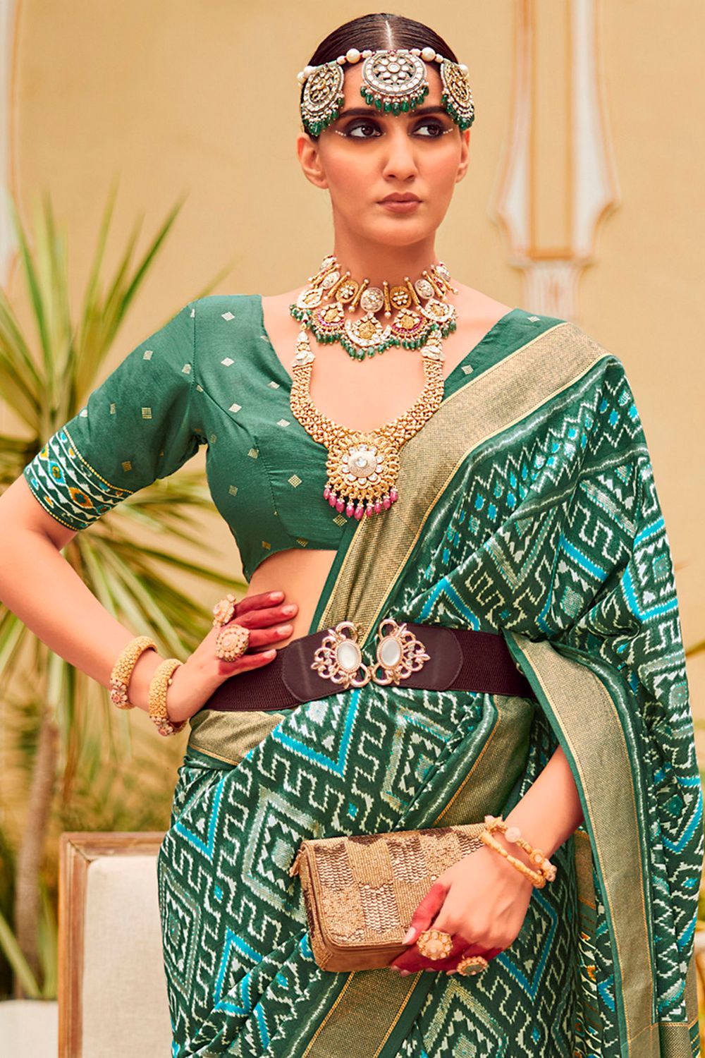 Sitara Sea Green Tussar Silk Patola Print Ready To Wear One Minute Saree