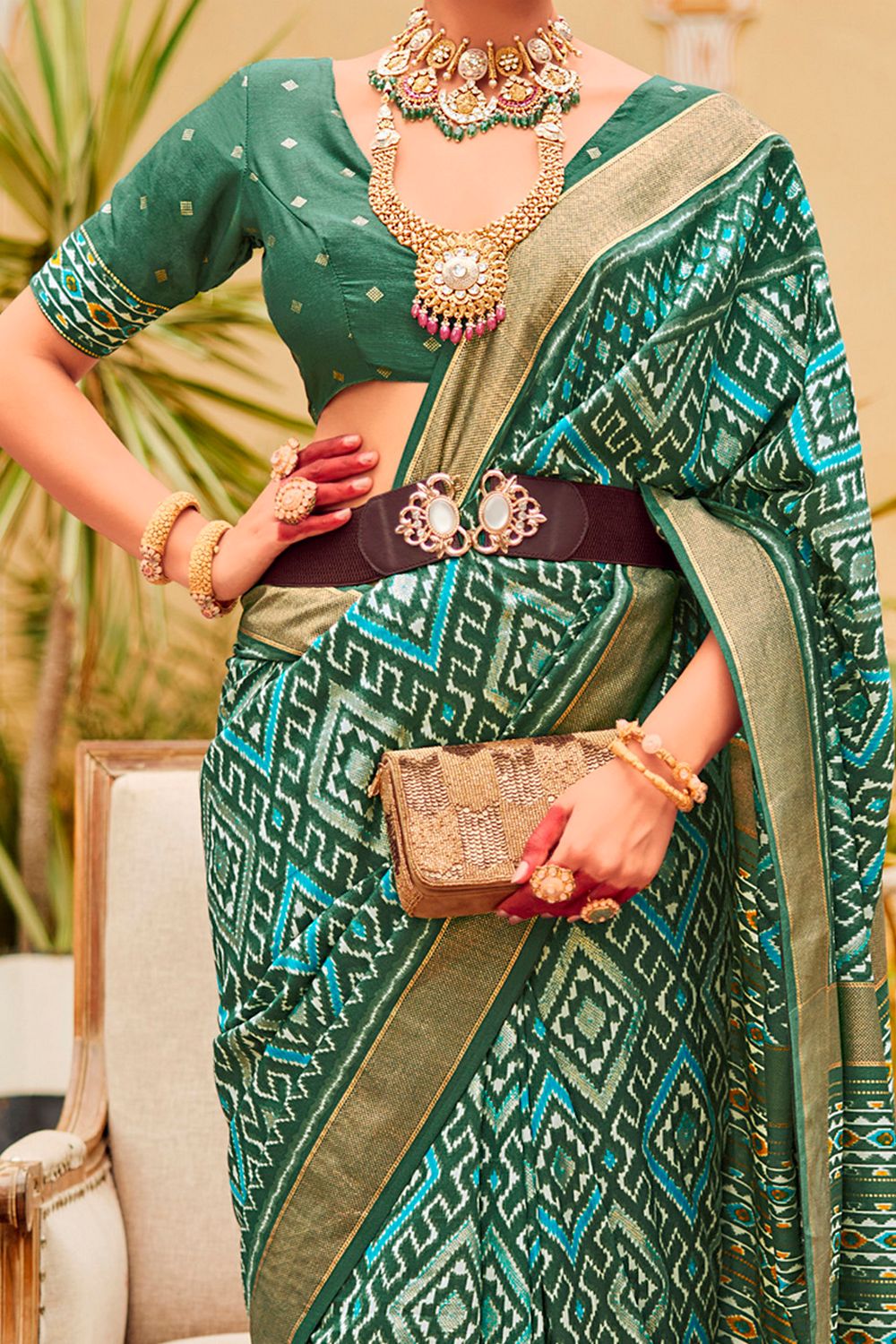 Sitara Sea Green Tussar Silk Patola Print Ready To Wear One Minute Saree