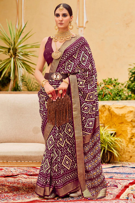 Sitara Purple Tussar Silk Patola Print Ready To Wear One Minute Saree