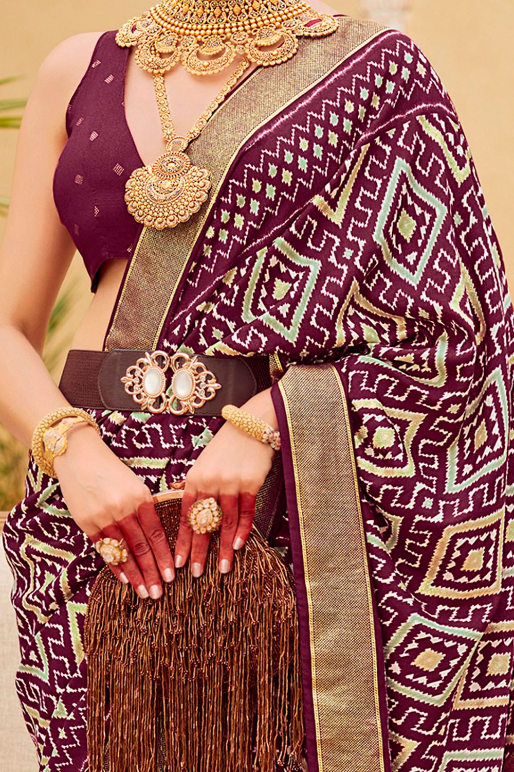 Sitara Purple Tussar Silk Patola Print Ready To Wear One Minute Saree