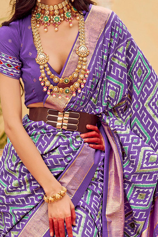 Sitara Lavender Tussar Silk Patola Print Ready To Wear One Minute Saree