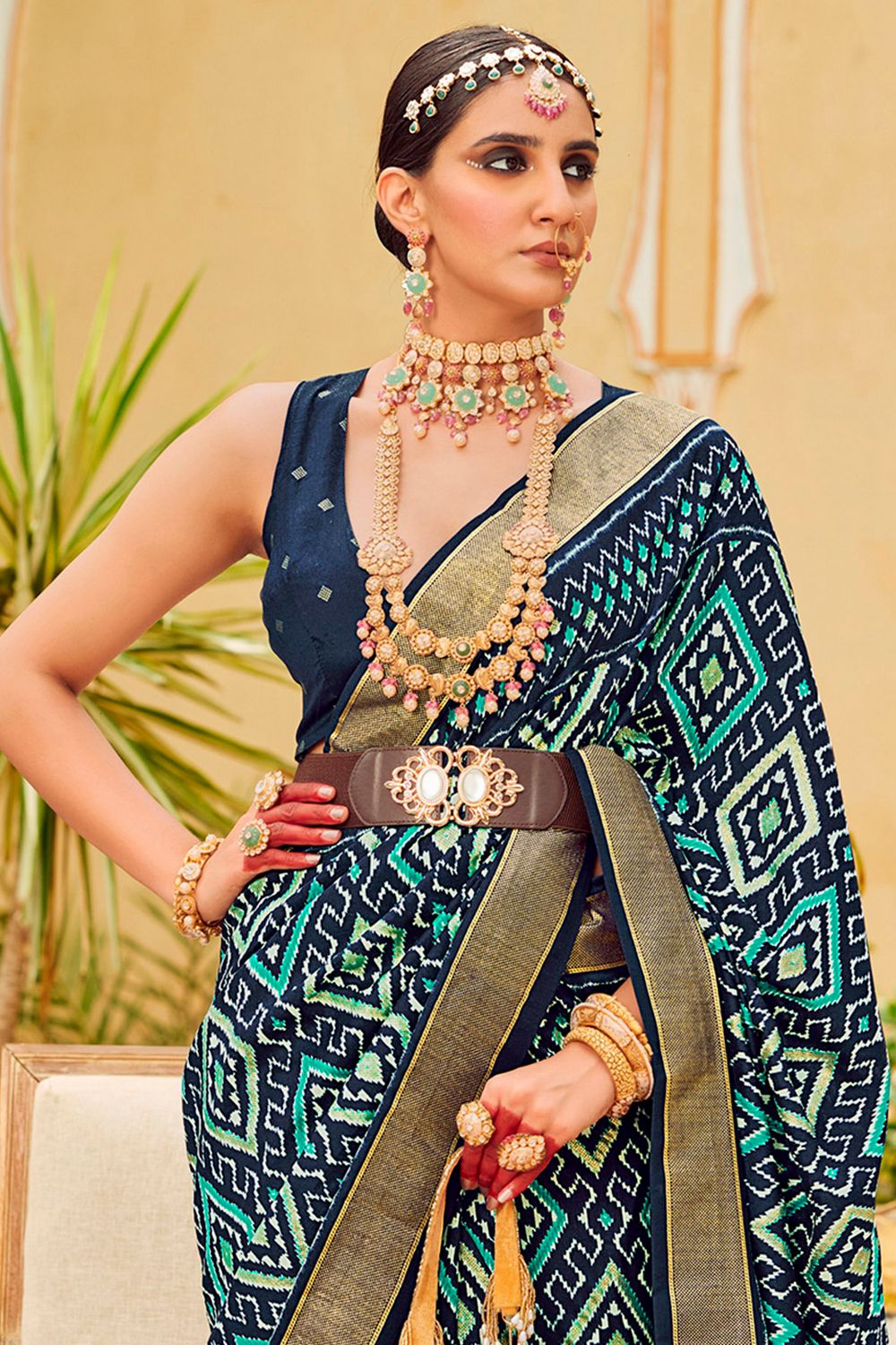 Sitara Navy Blue Tussar Silk Patola Print Ready To Wear One Minute Saree