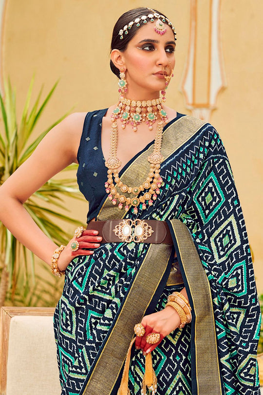 Sitara Navy Blue Tussar Silk Patola Print Ready To Wear One Minute Saree