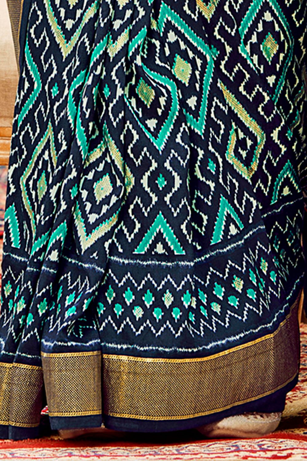 Sitara Navy Blue Tussar Silk Patola Print Ready To Wear One Minute Saree