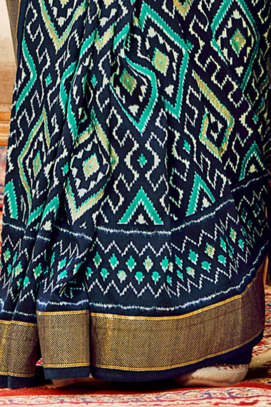 Sitara Navy Blue Tussar Silk Patola Print Ready To Wear One Minute Saree