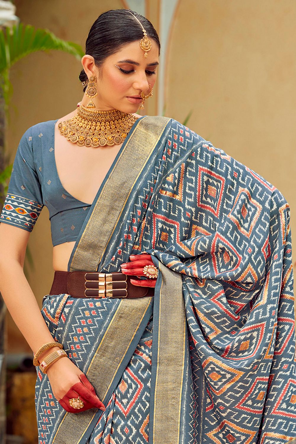 Sitara Grey Tussar Silk Patola Print Ready To Wear One Minute Saree