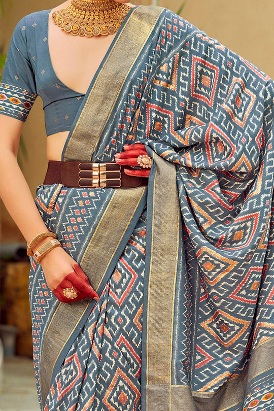 Sitara Grey Tussar Silk Patola Print Ready To Wear One Minute Saree
