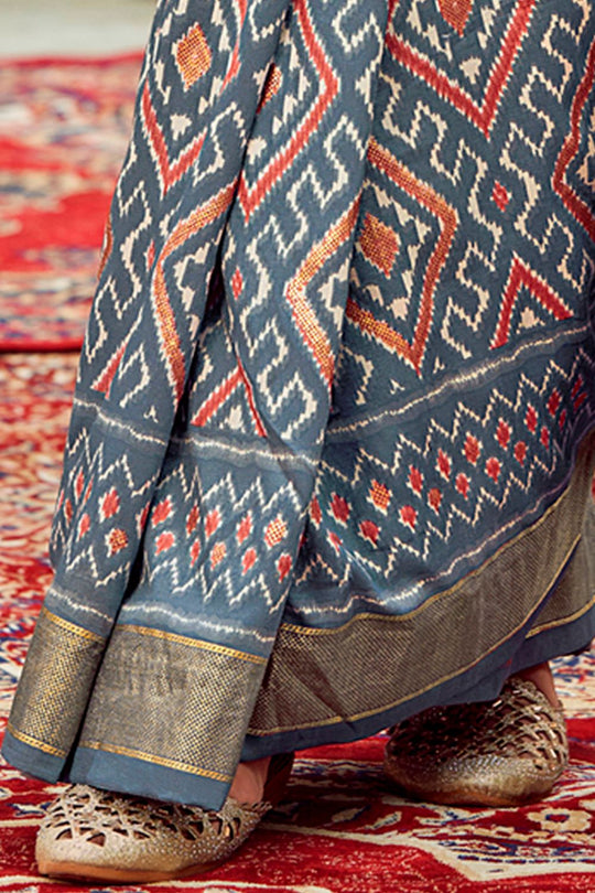 Sitara Grey Tussar Silk Patola Print Ready To Wear One Minute Saree