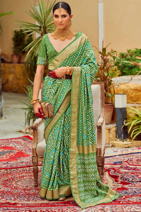 Sitara Light Green Tussar Silk Patola Print Ready To Wear One Minute Saree