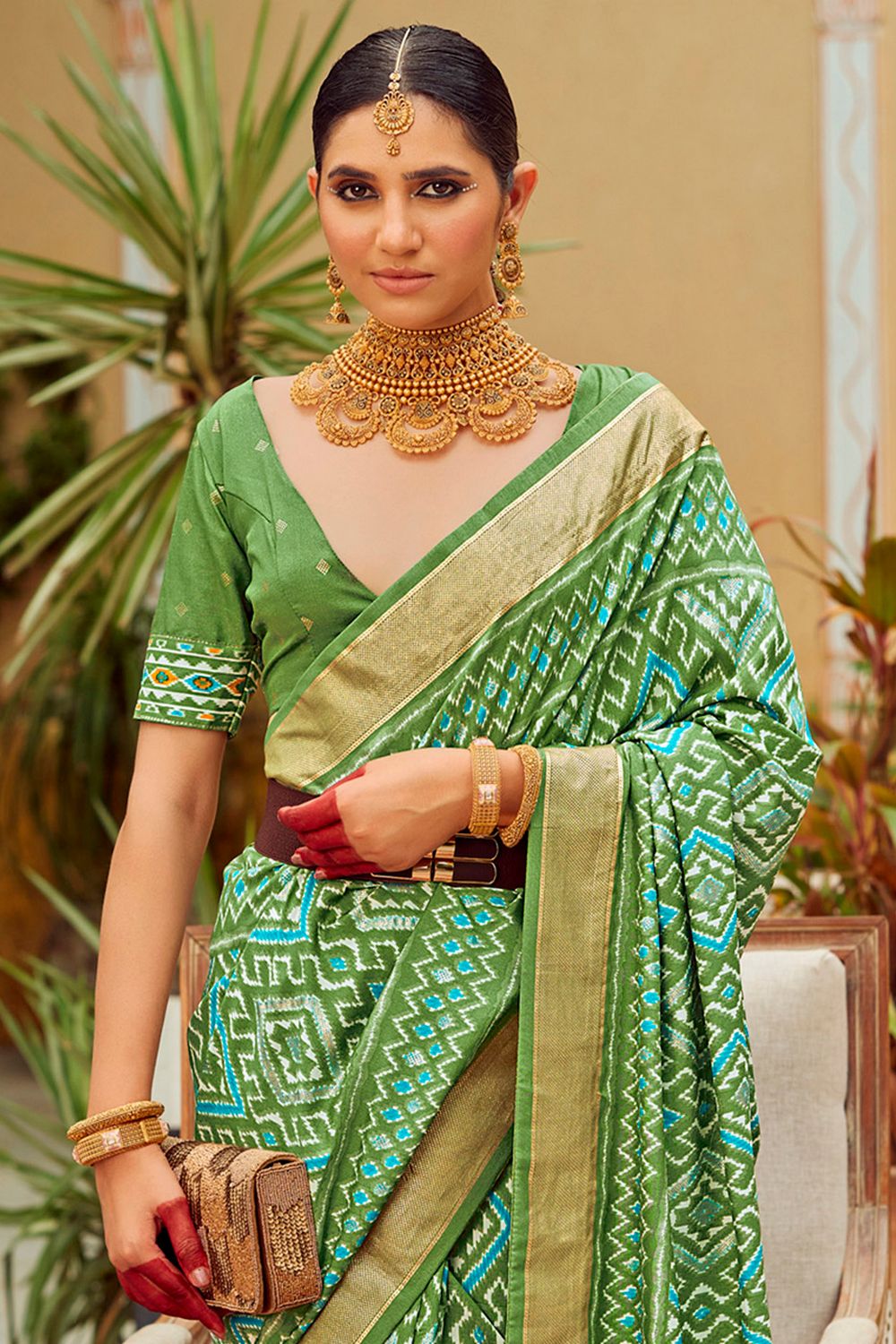Sitara Light Green Tussar Silk Patola Print Ready To Wear One Minute Saree