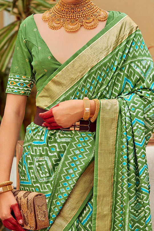 Sitara Light Green Tussar Silk Patola Print Ready To Wear One Minute Saree