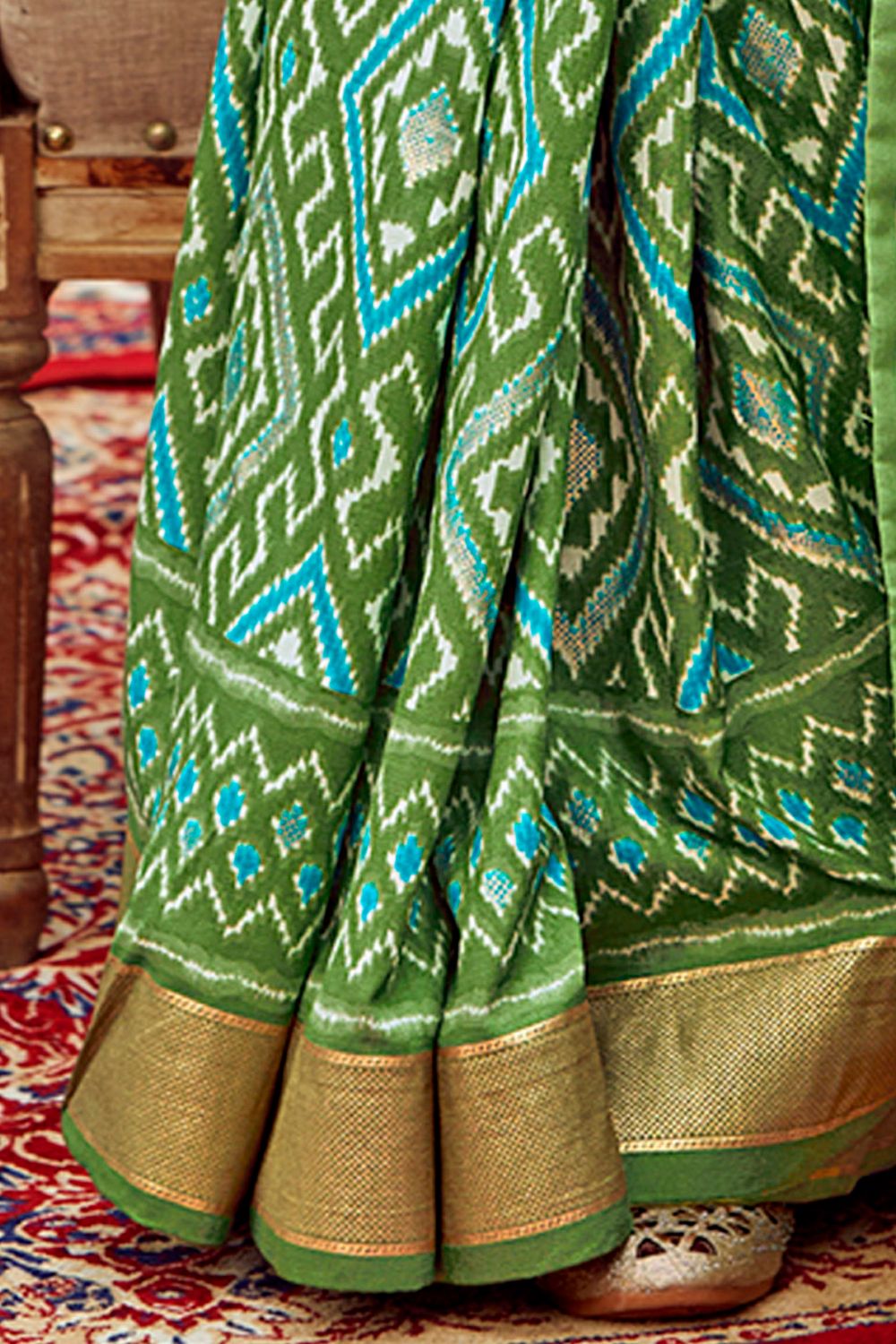 Sitara Light Green Tussar Silk Patola Print Ready To Wear One Minute Saree
