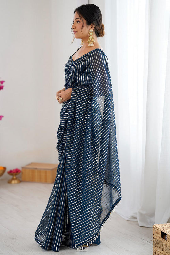 Ava Teal Blue Georgette Embellished Striped Party Wear Ready to Wear Saree