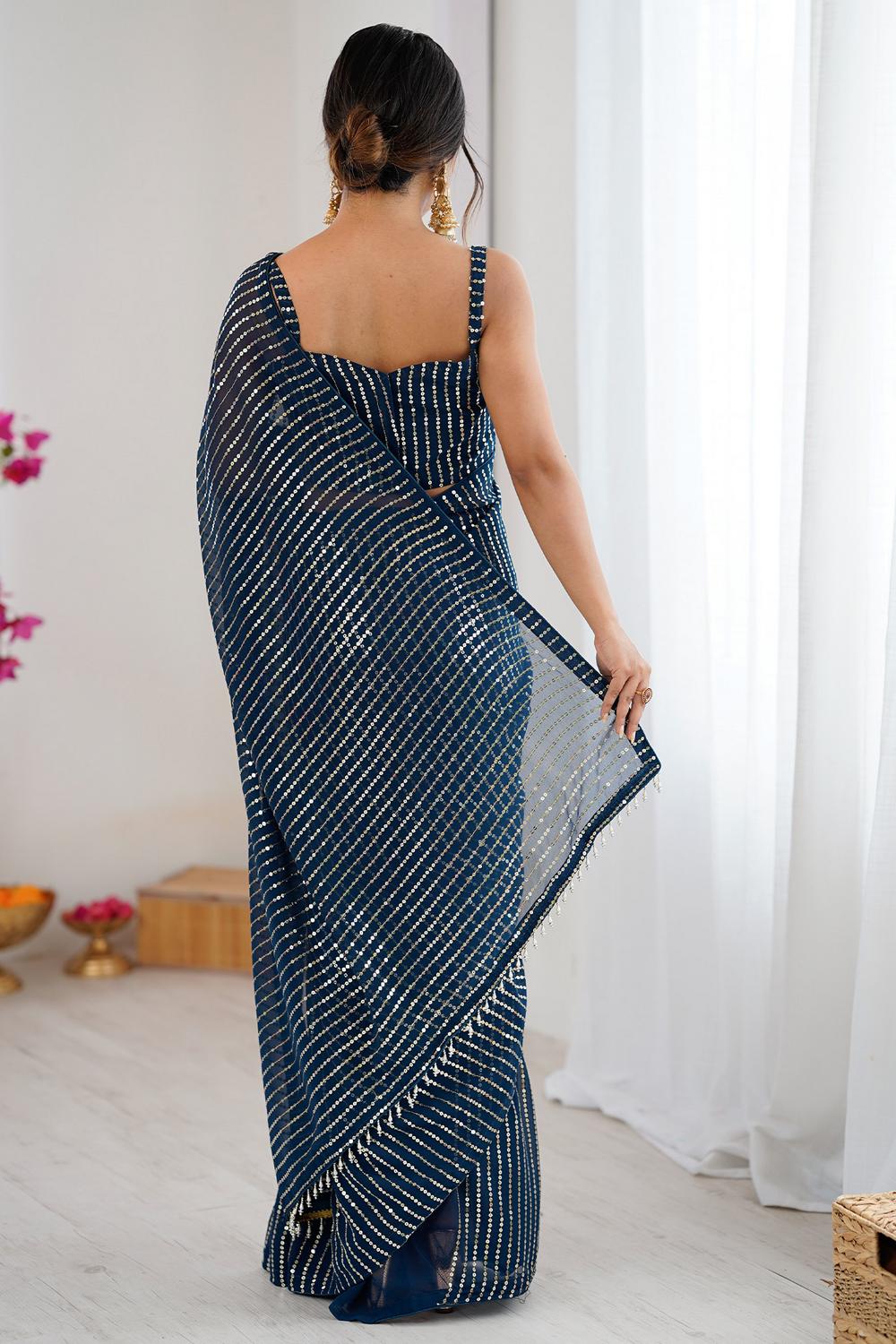 Ava Teal Blue Georgette Embellished Striped Party Wear Ready to Wear Saree