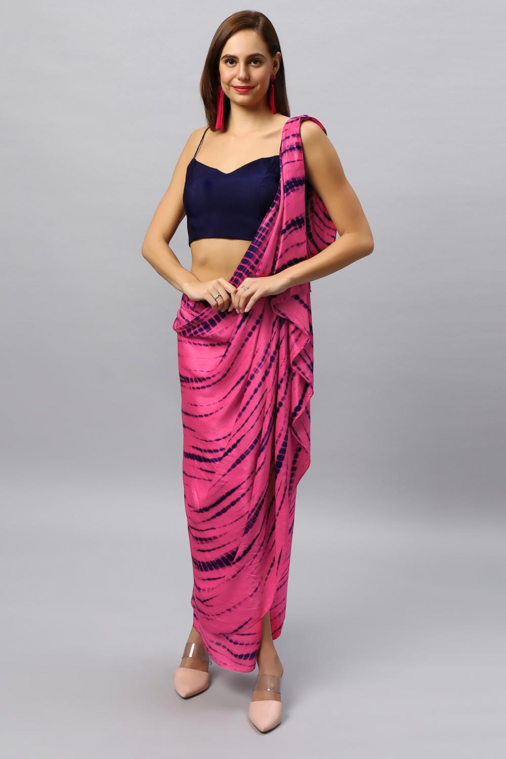 Buy Skye Navy & Pink Shibori Print Modal Satin Sarong Saree Online - One Minute Saree