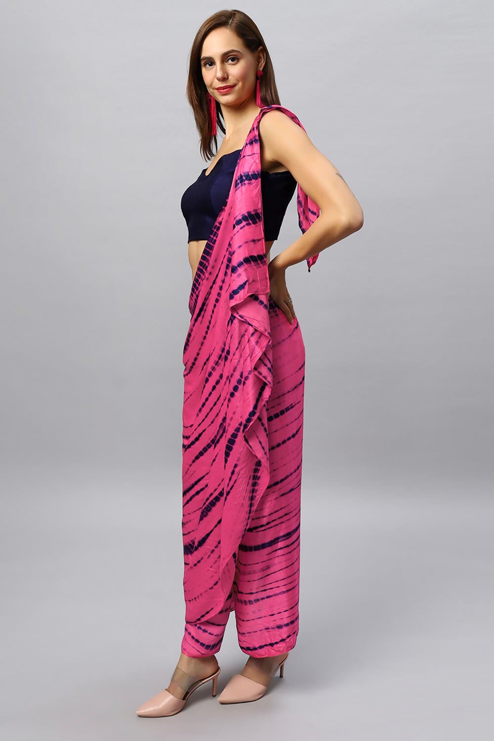 Buy Skye Navy & Pink Shibori Print Modal Satin Sarong Saree Online