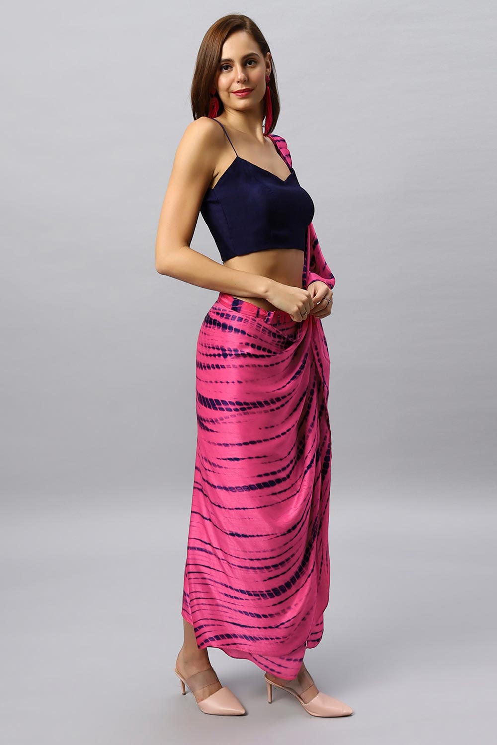 Buy Skye Navy & Pink Shibori Print Modal Satin Sarong Saree Online - Back