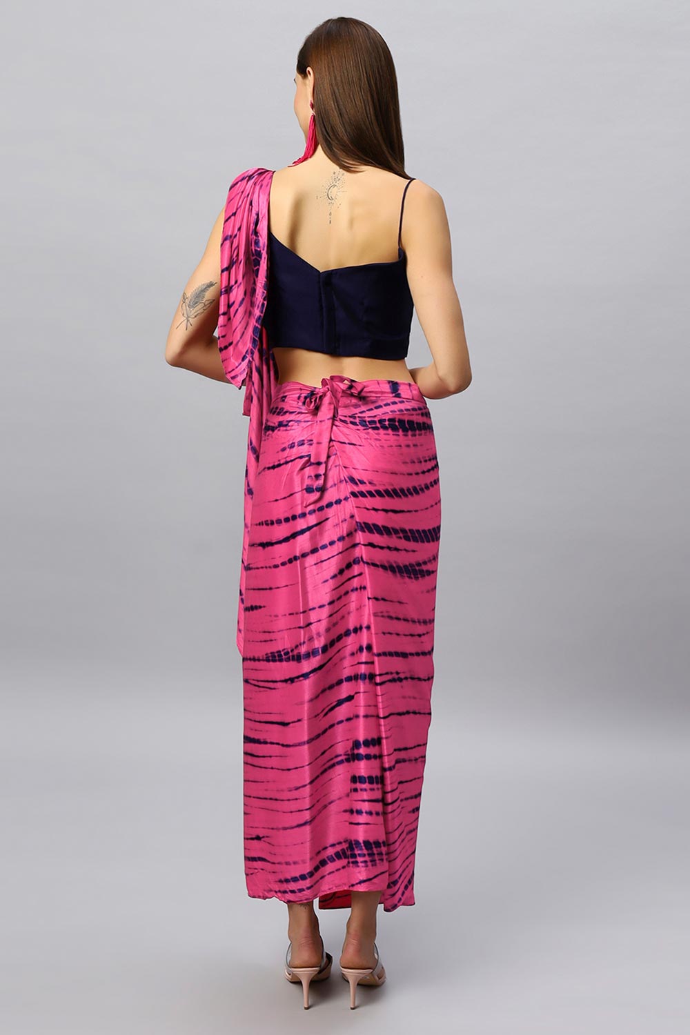 Buy Skye Navy & Pink Shibori Print Modal Satin Sarong Saree Online - Front