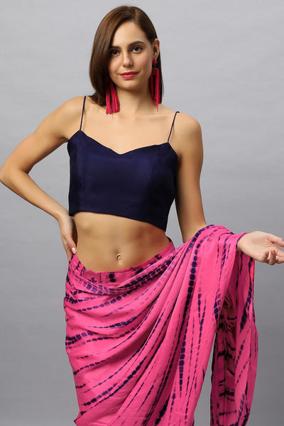 Buy Skye Navy & Pink Shibori Print Modal Satin Sarong Saree Online - Side