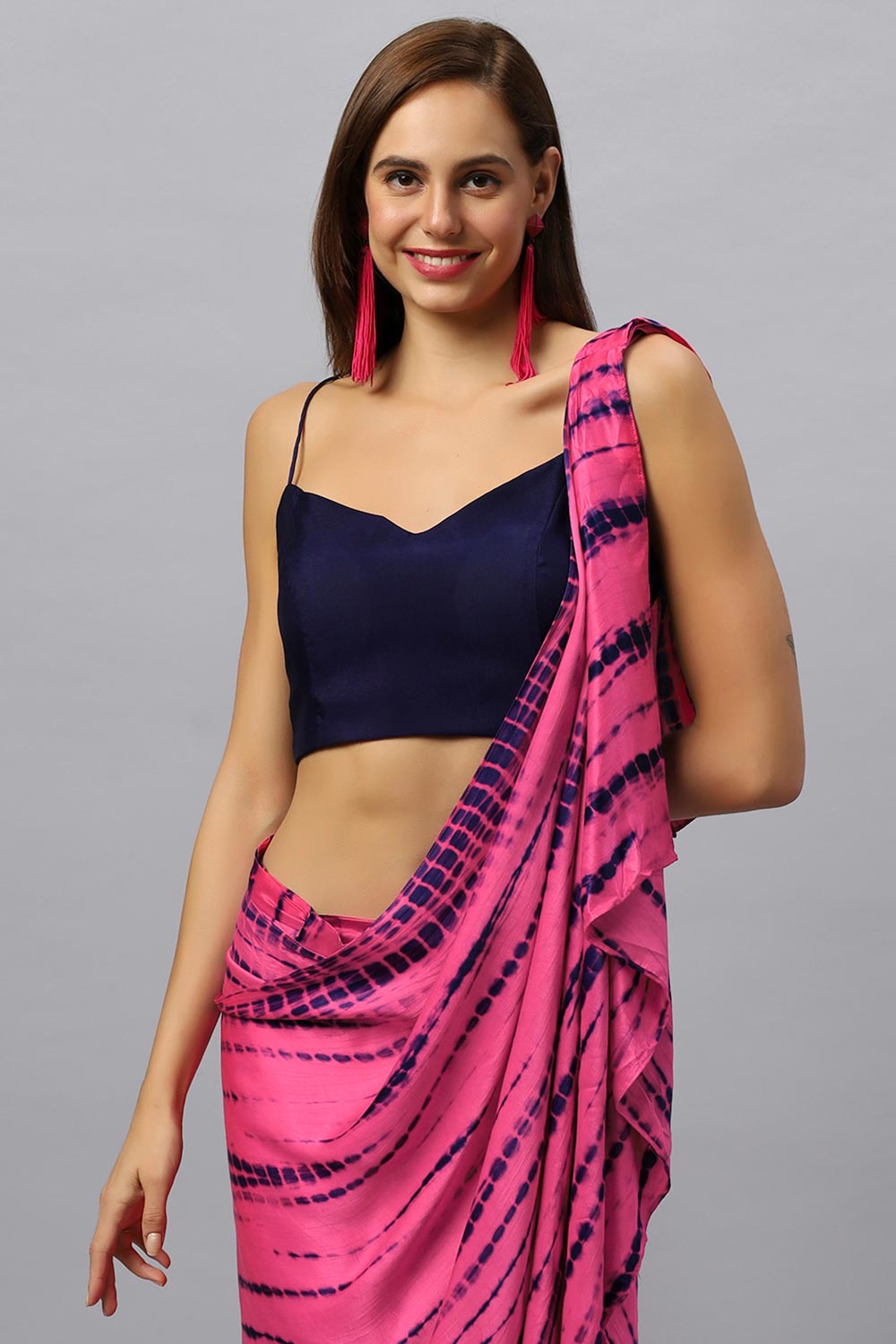 Buy Skye Navy & Pink Shibori Print Modal Satin Sarong Saree Online - Zoom Out
