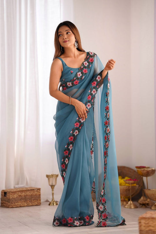Lena Sky Blue Tissue Saree with Floral Embroidered Border Ready to Wear One Minute Saree