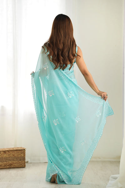 Tyra Sky Blue Georgette Net Embroidered Sequins One Minute Saree