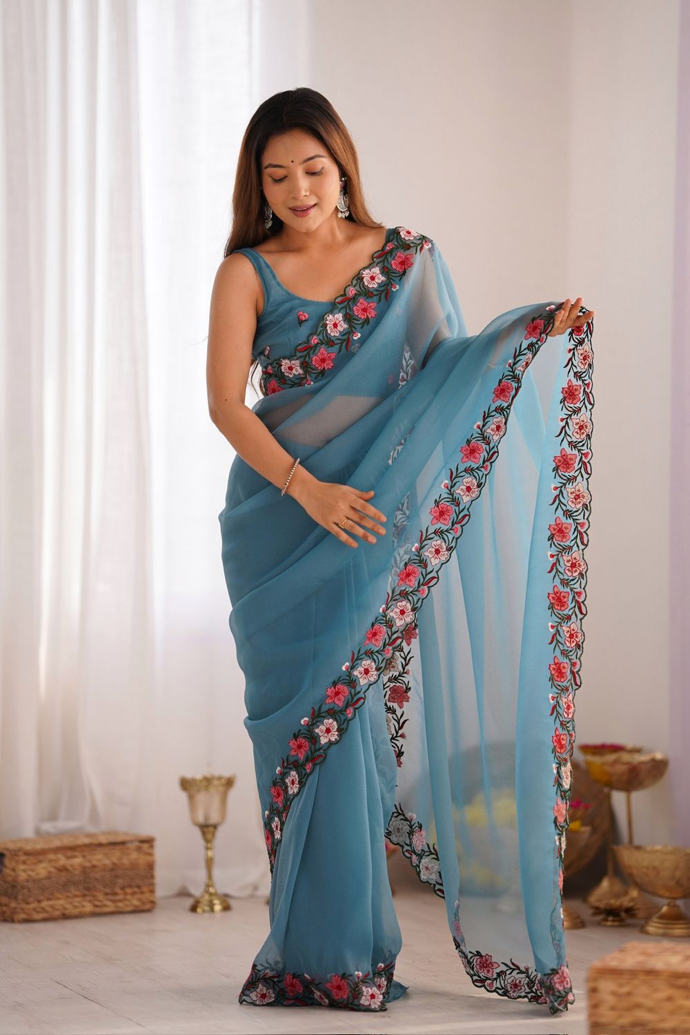Lena Sky Blue Tissue Saree with Floral Embroidered Border Ready to Wear One Minute Saree