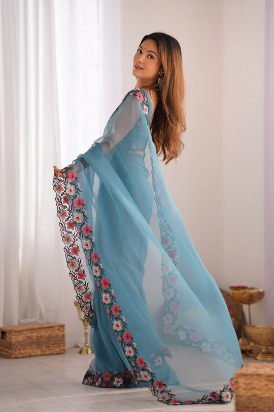 Lena Sky Blue Tissue Saree with Floral Embroidered Border Ready to Wear One Minute Saree