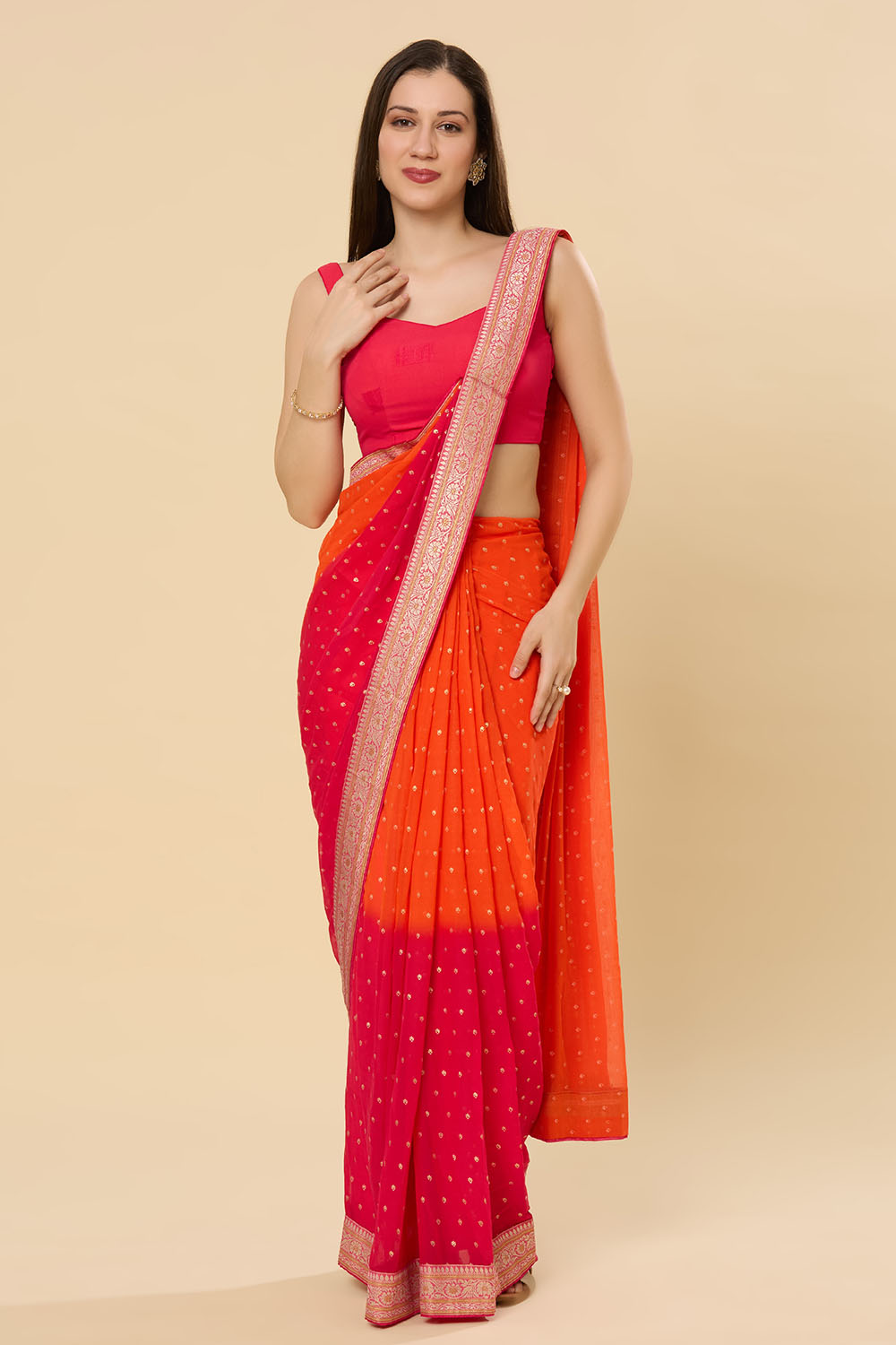 Celia Silk Blend Orange Printed One Minute Saree