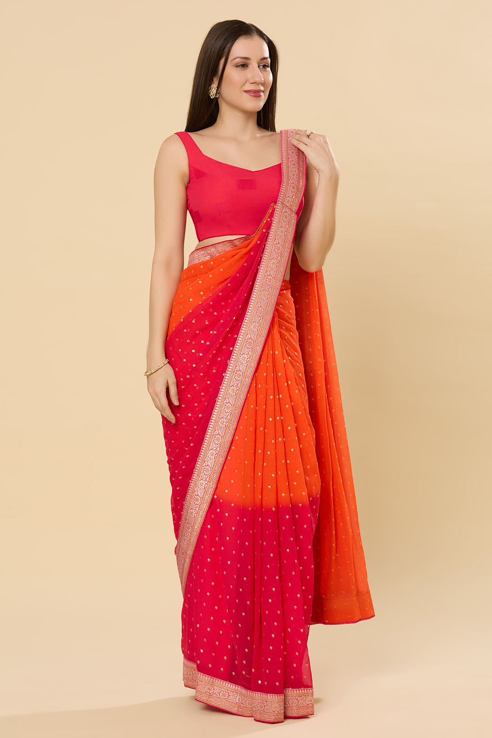 Celia Silk Blend Orange Printed One Minute Saree
