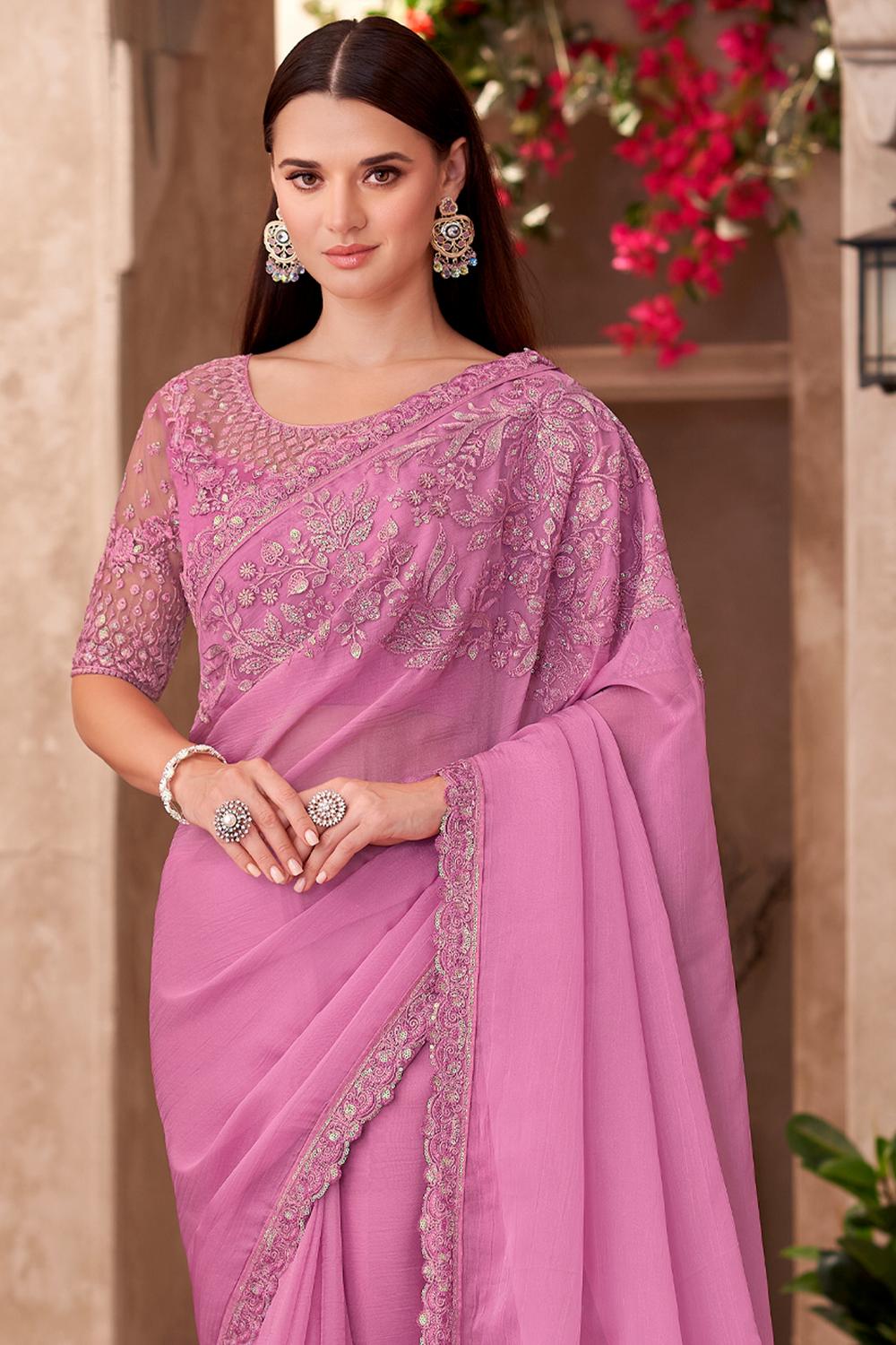 Hope Pink Chiffon Embellished Ready to Wear Saree
