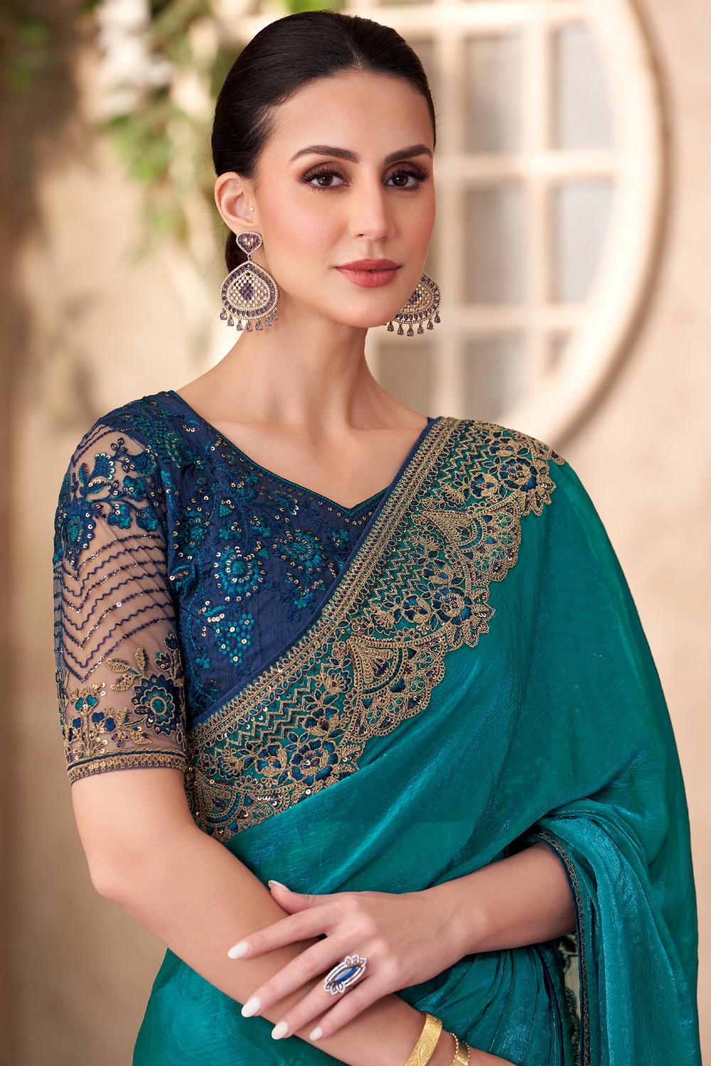 Hope Teal Green Georgette Embellished Border Ready to Wear Saree