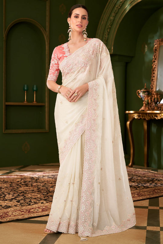 Alisha Cream Satin Embellished Designer Ready to Wear Saree