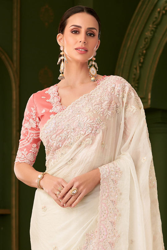 Alisha Cream Satin Embellished Designer Ready to Wear Saree
