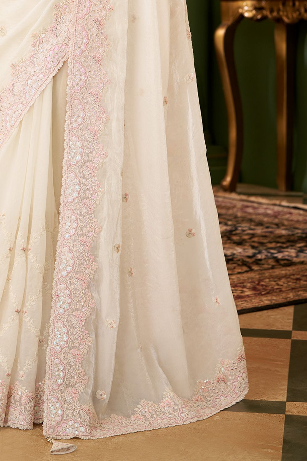 Alisha Cream Satin Embellished Designer Ready to Wear Saree