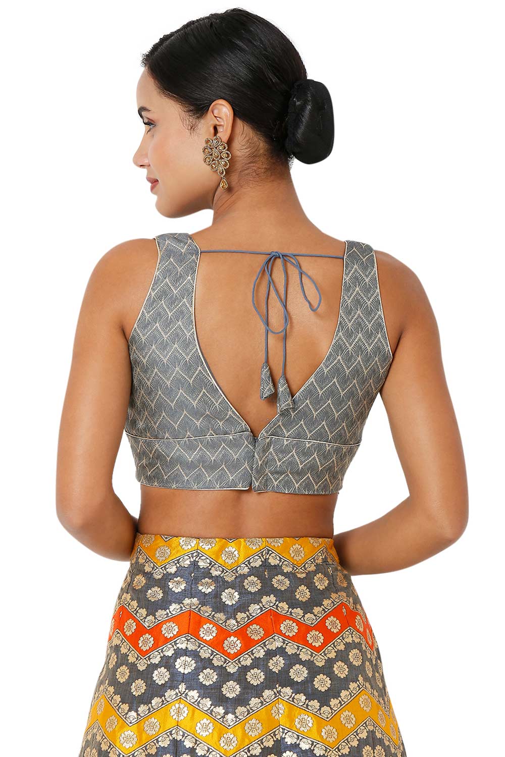 Hannah Grey Brocade Woven Design V-Neck Sleeveless Blouse