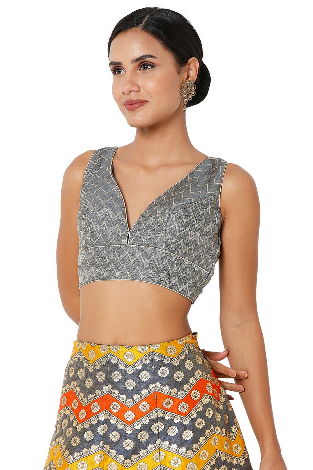 Hannah Grey Brocade Woven Design V-Neck Sleeveless Blouse