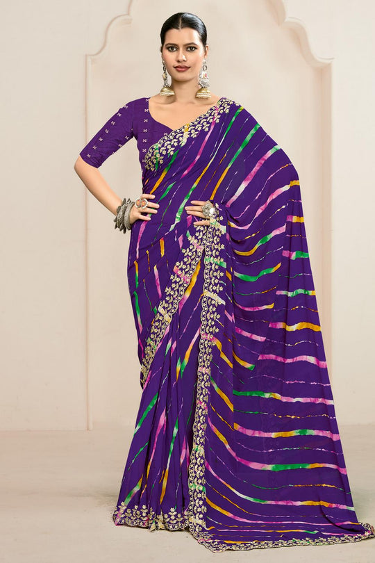 Nora Purple Georgette Leheriya Embroidered Ready to Wear Saree