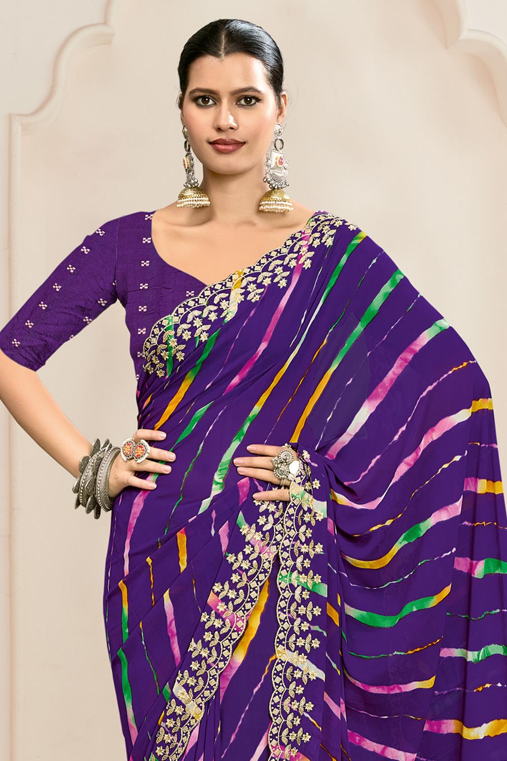 Nora Purple Georgette Leheriya Embroidered Ready to Wear Saree