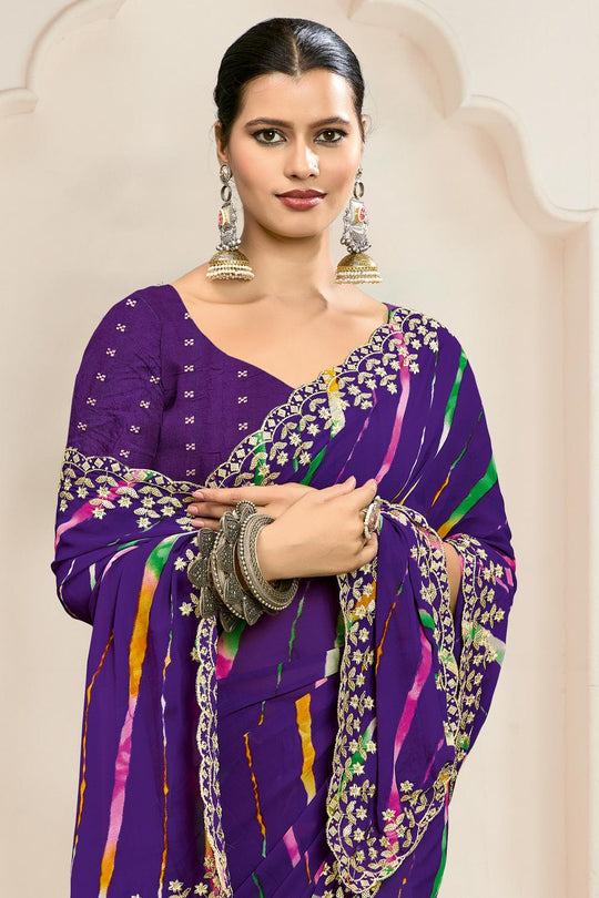Nora Purple Georgette Leheriya Embroidered Ready to Wear Saree