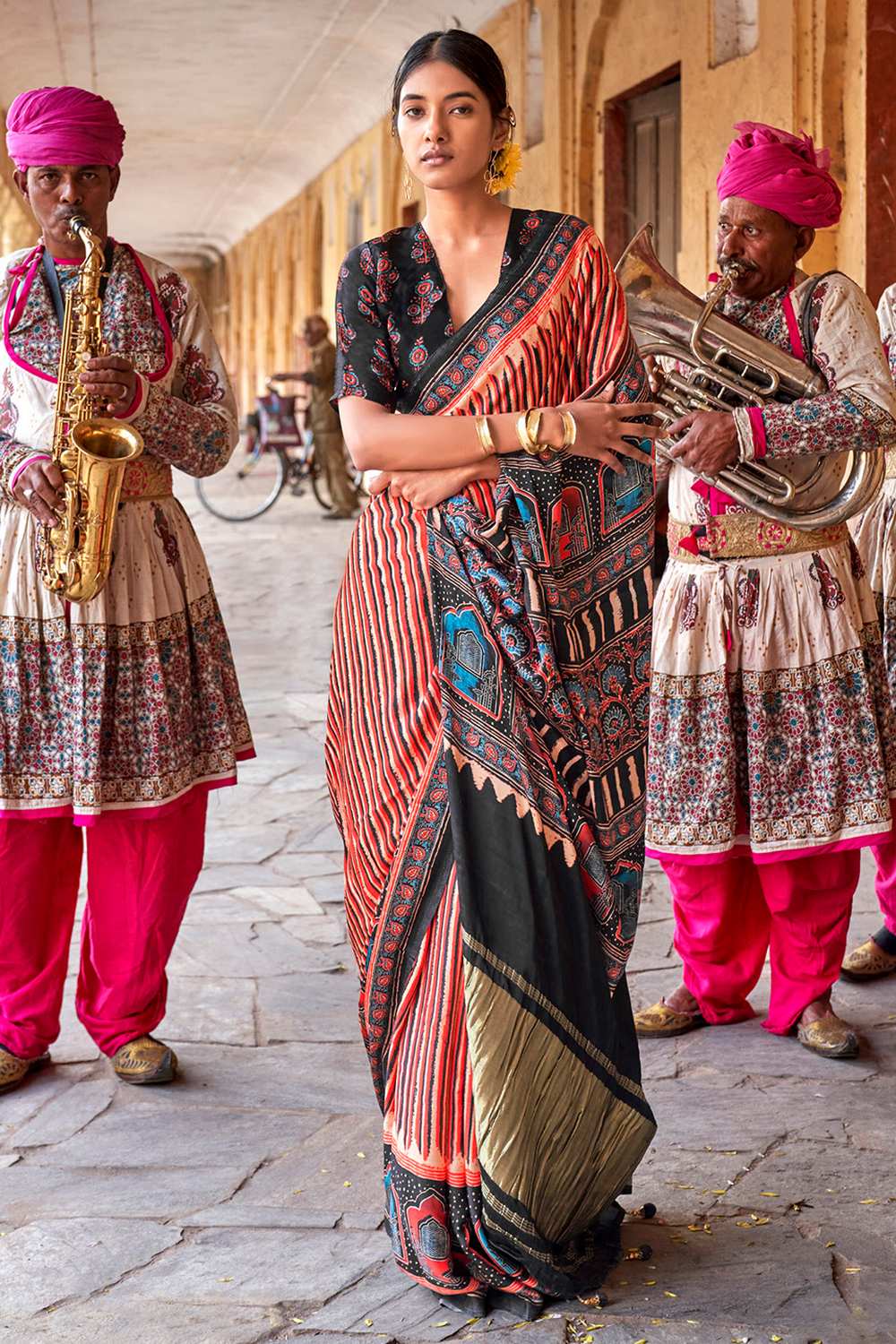 Suri Beige Viscose Silk Ajrakh Ready To Wear One Minute Saree