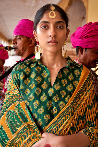 Suri Mustard Viscose Silk Ajrakh Ready To Wear One Minute Saree