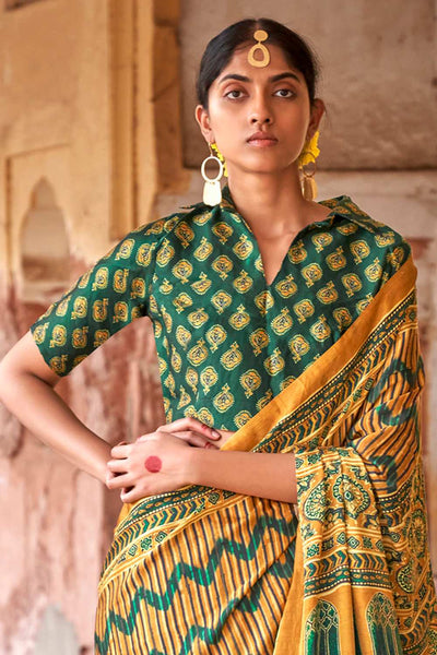 Suri Mustard Viscose Silk Ajrakh Ready To Wear One Minute Saree