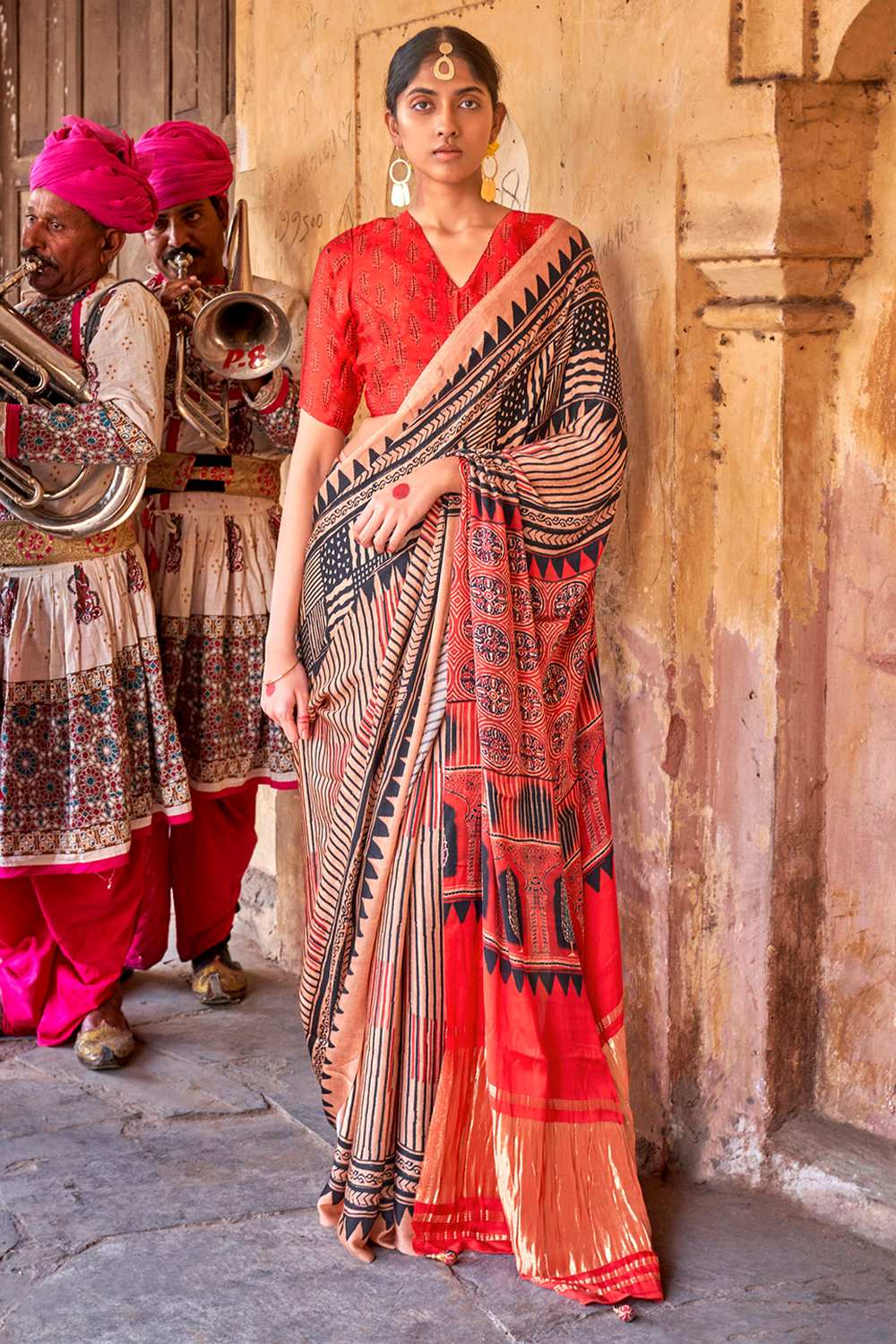 Suri Beige Silk Ajrakh Ready To Wear One Minute Saree