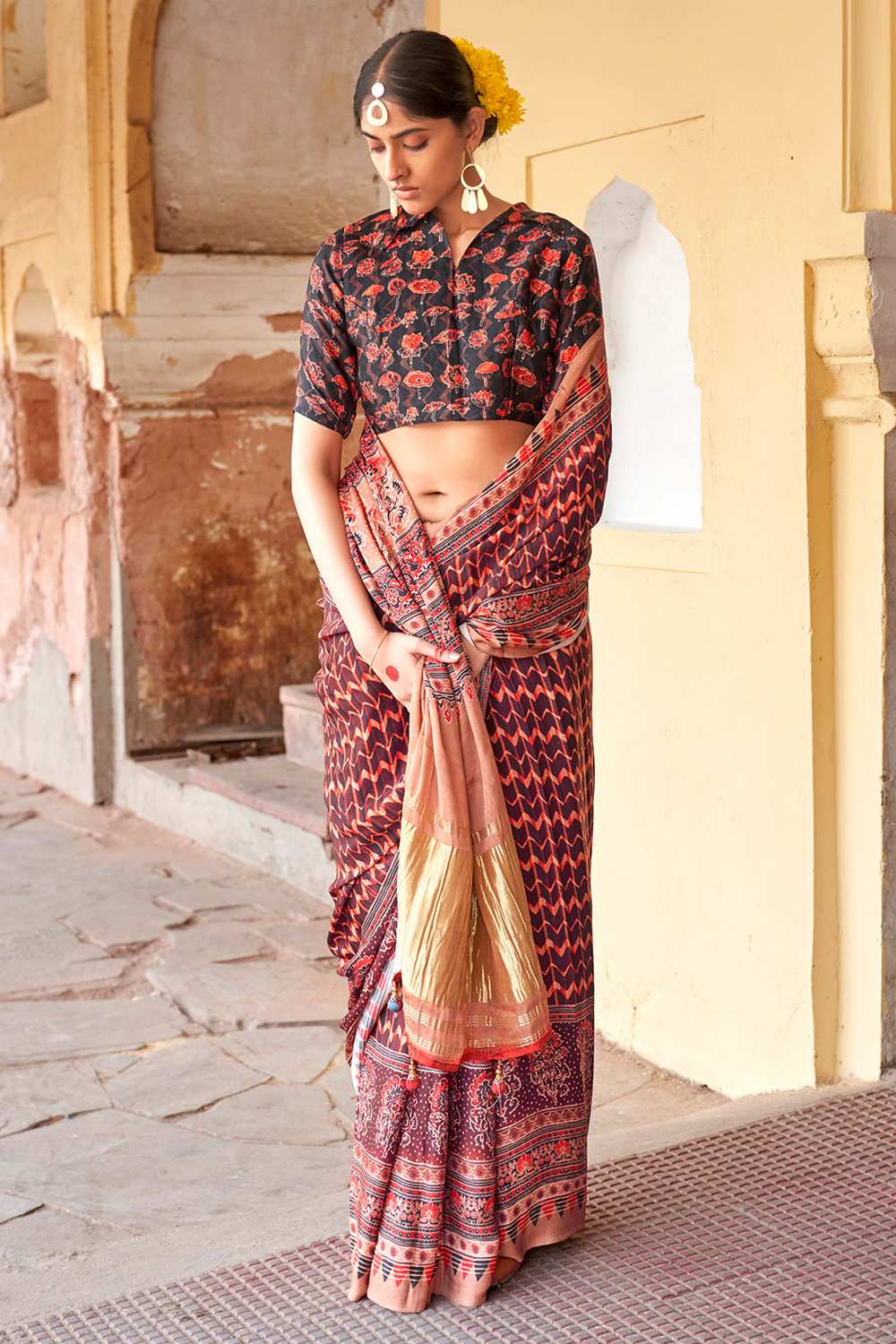 Suri Brown Silk Ajrakh Ready To Wear One Minute Saree