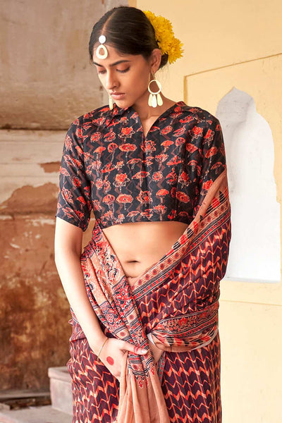 Suri Brown Silk Ajrakh Ready To Wear One Minute Saree