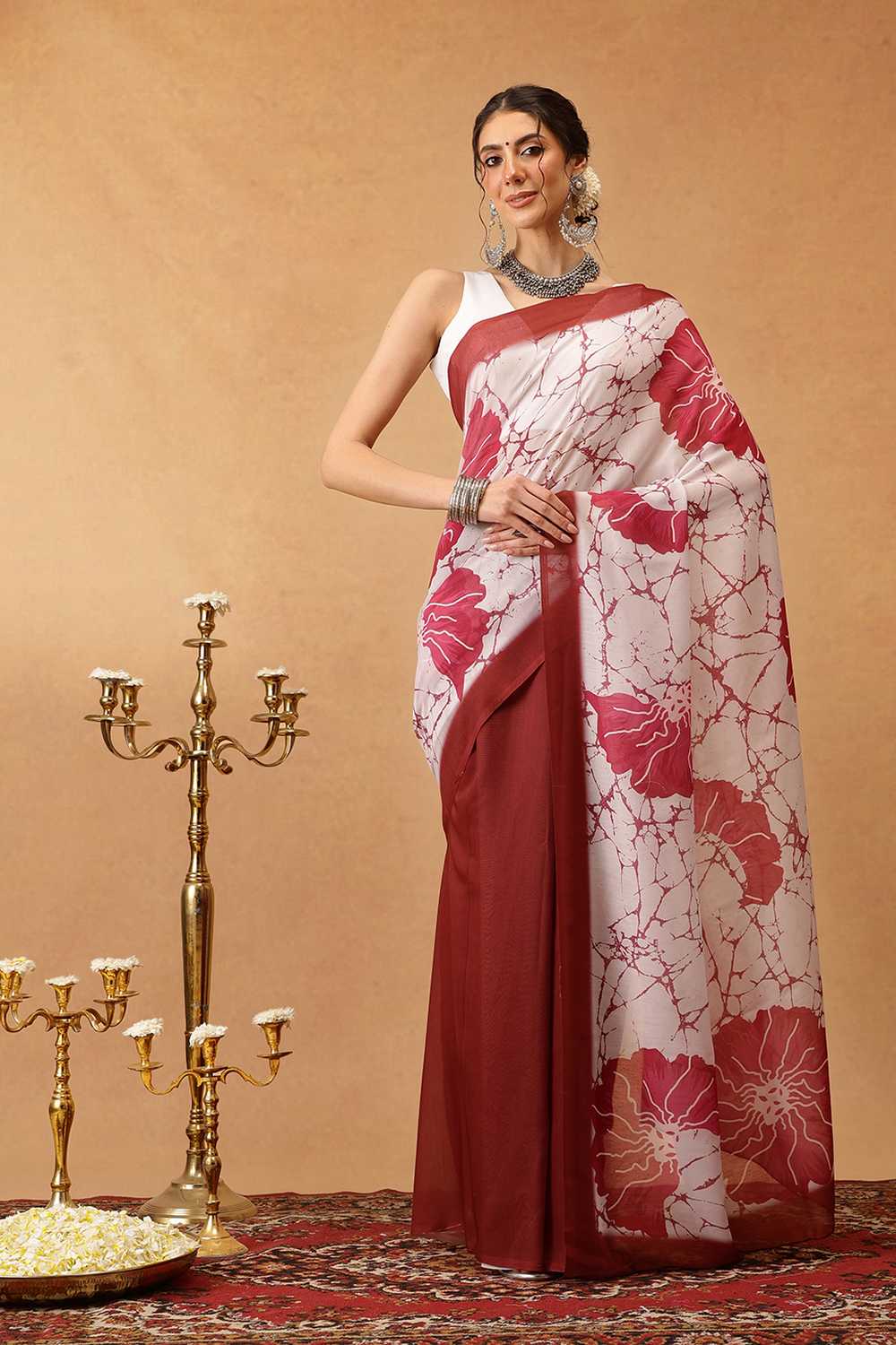 Eva Brown Mul Cotton Floral Digital Printed Ready to Wear One Minute Saree