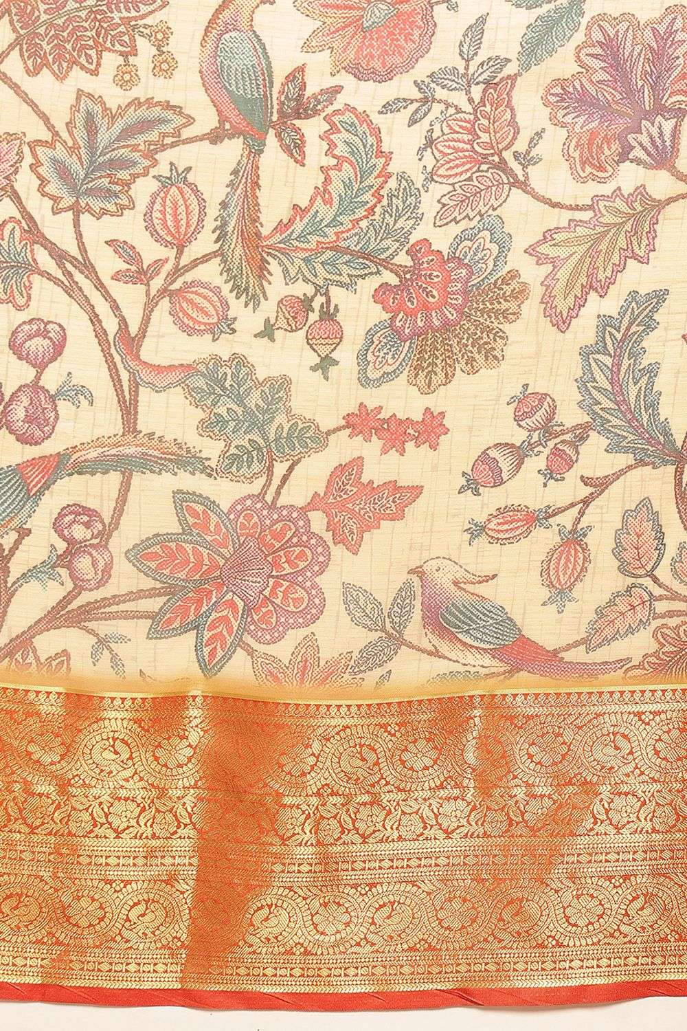 Trina Beige Soft Silk Kalamkari Printed Ready to Wear Saree