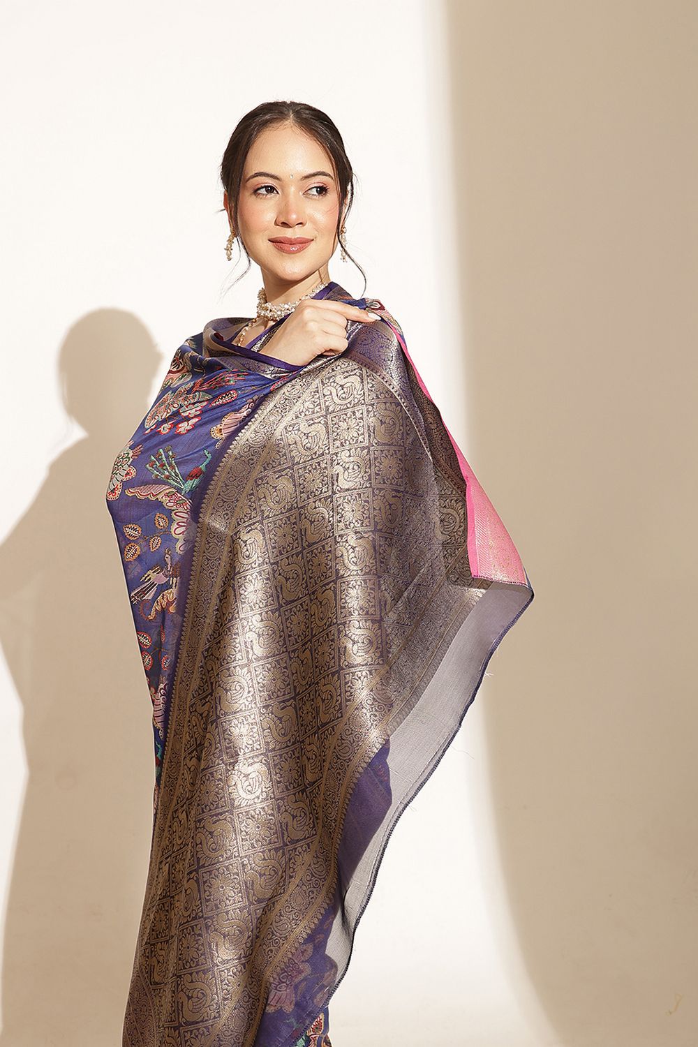 Maja Blue Soft Silk Kalamkari Printed Ready to Wear Saree